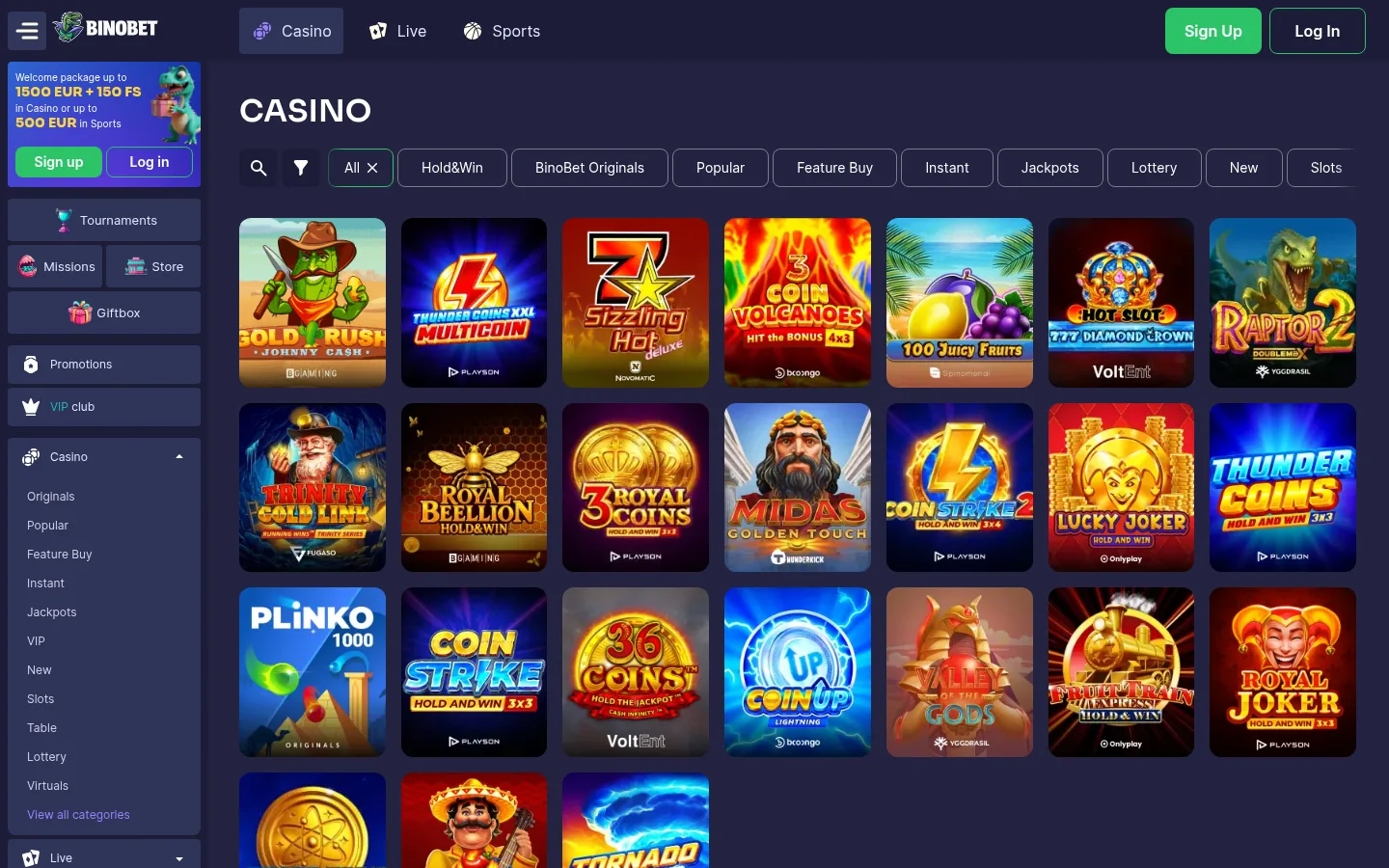 De casinolobby van Binobet met de spelcategorieën