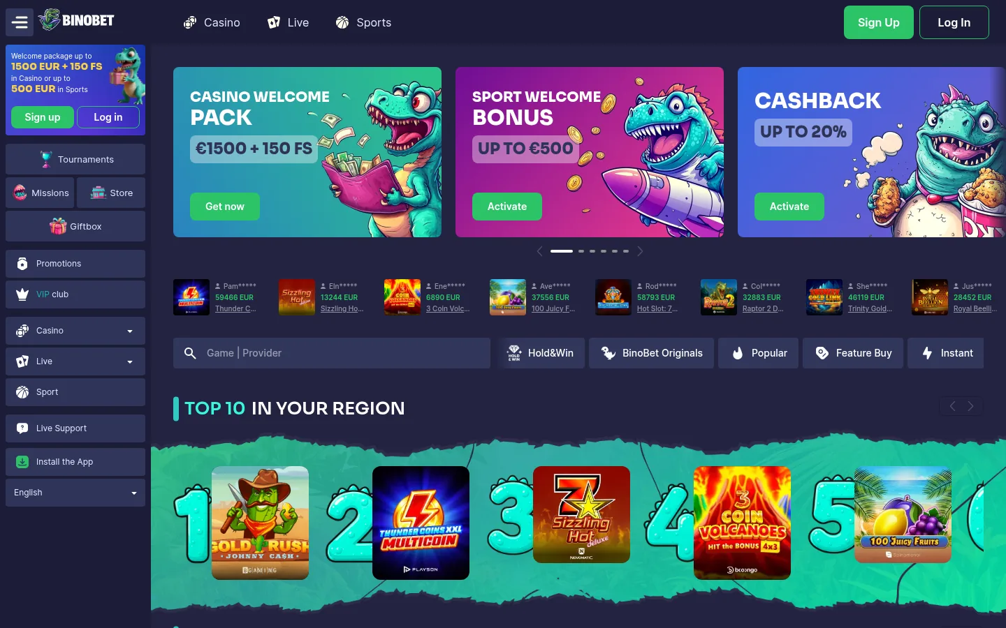 De startpagina van Binobet met het welkomstaanbod en de spellen